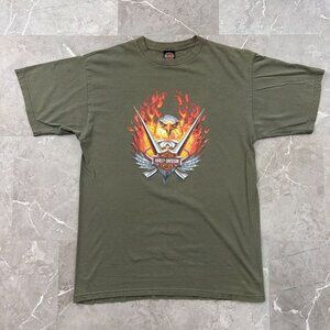Vintage Harley Davidson Graphic Tee Mens Large Flames Eagle Green Short Sleeve